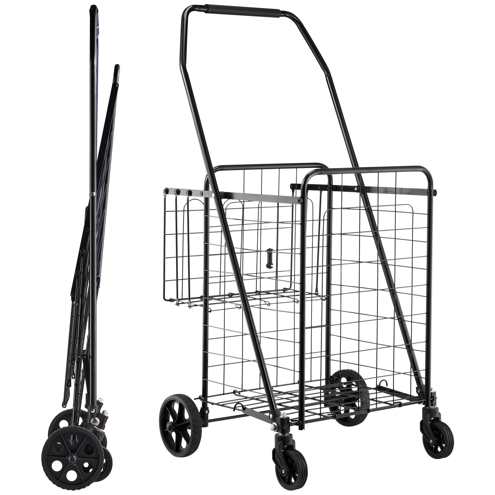 Shopping Cart, Folding Grocery Utility Cart With Dual Baskets, Waterproof Liner & Wheels, 100 LBS Large Load Capacity, Heavy Duty Laundry Basket For Laundry, Shopping, Camping, Grocery, Luggage_voghion.com